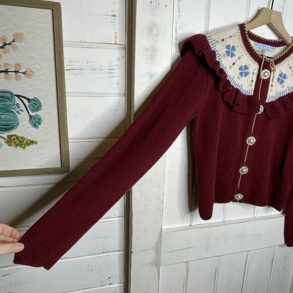 HILL HOUSE Wool Red Floral Embroidered Ruffle Pearl Button Cardigan Sweater S - Picture 6 of 8
